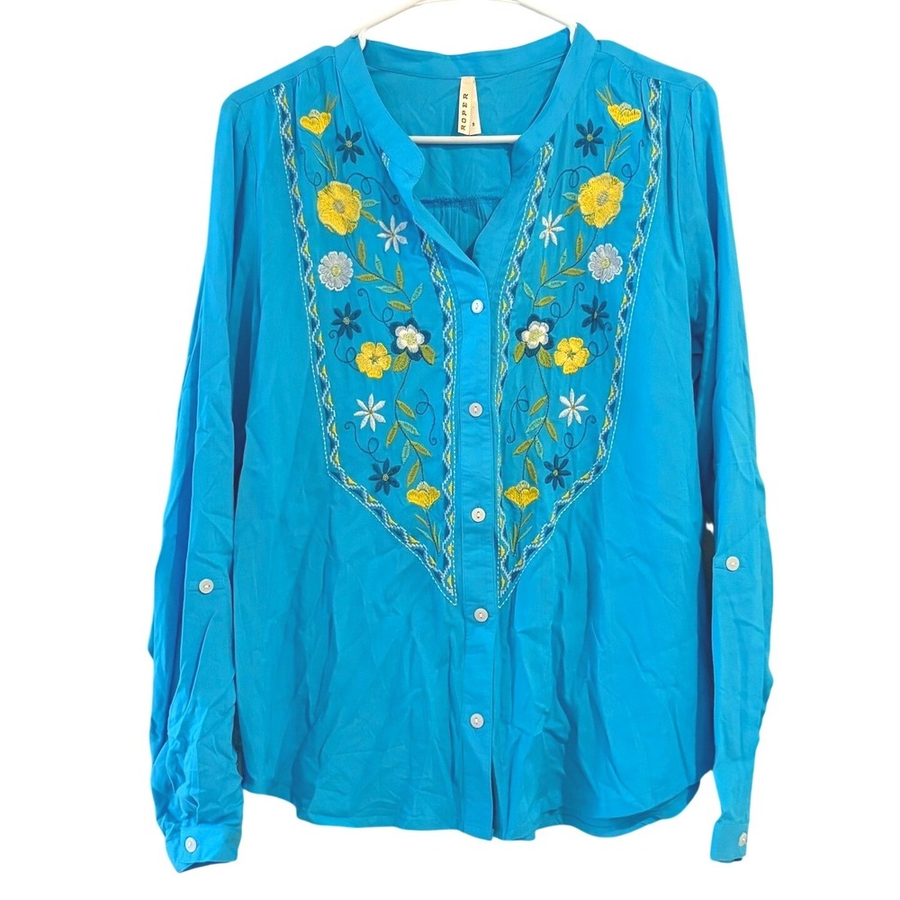 Roper Blue Floral Embroidered Roll Tab Sleeve Button Down Shirt SMALL